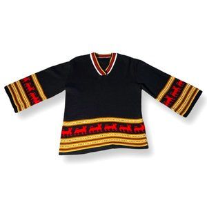 Vintage Black, Red and Yellow Bell Sleeve Light Weight V-Neck Boho Sweater